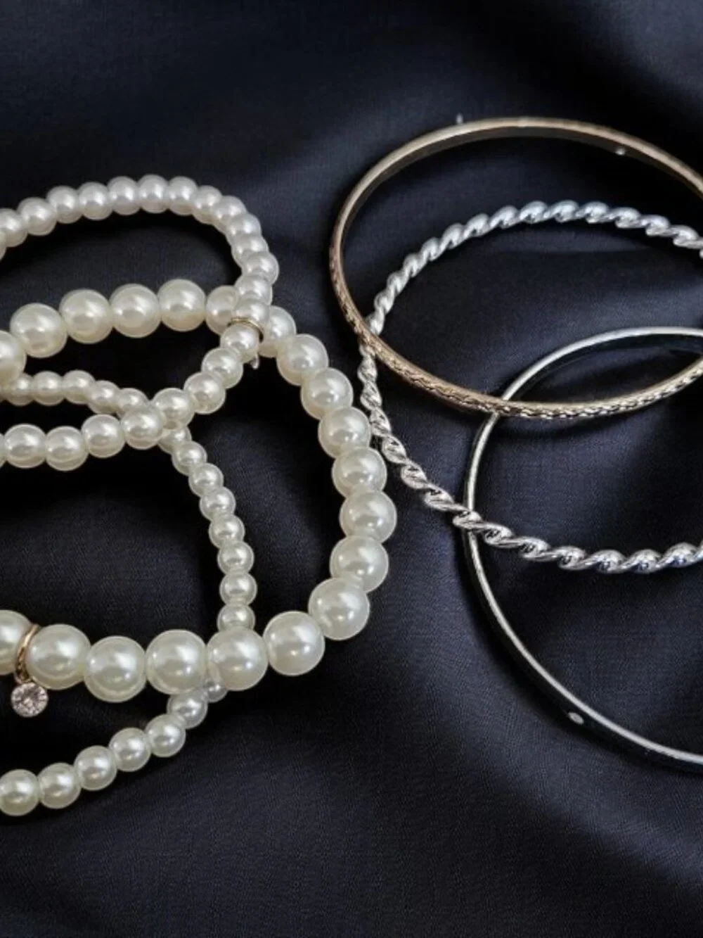 Silver and Goldtone Bangle and Pearl Stretch Bracelet Lot Rhinestone Charms